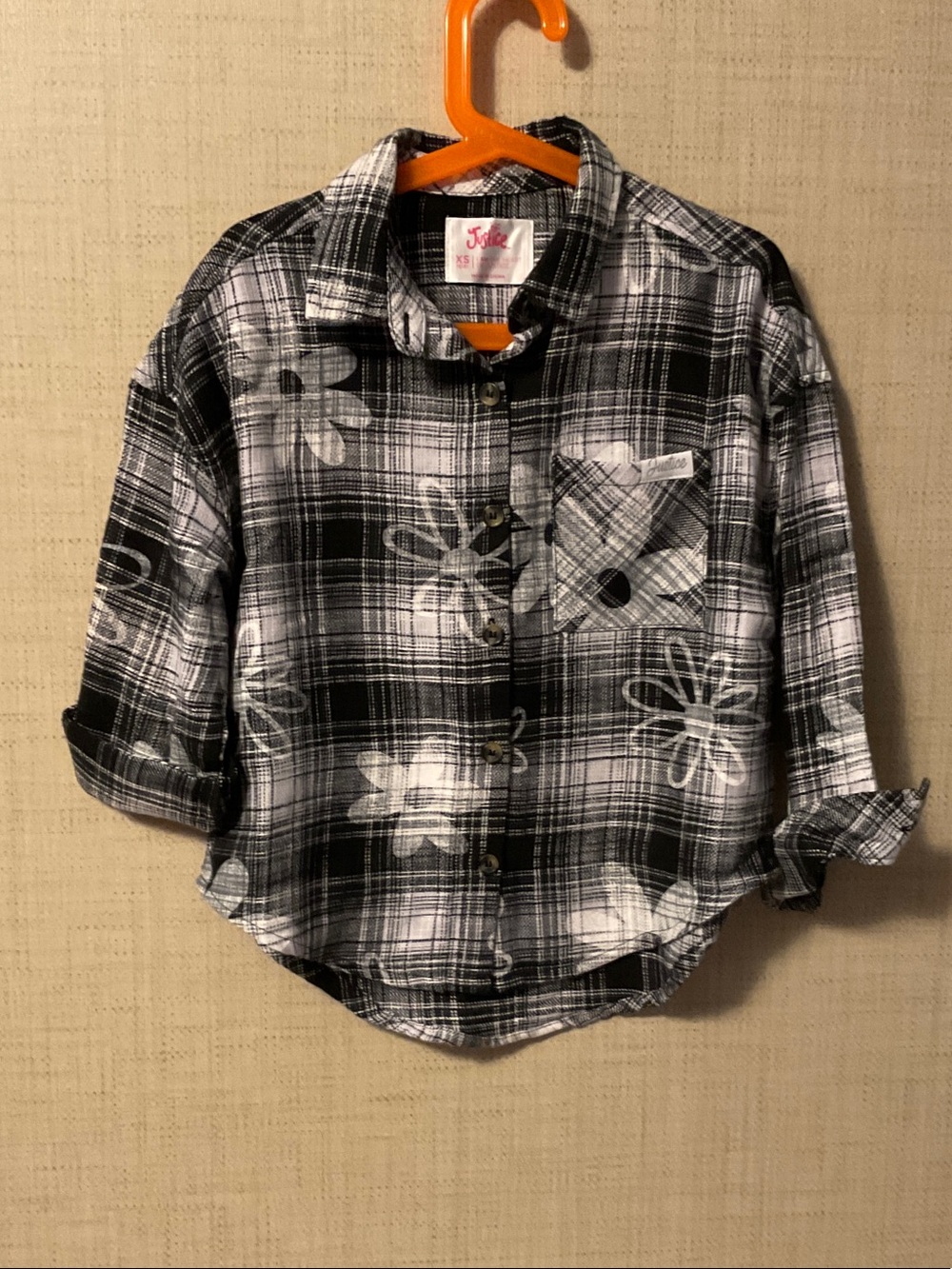 Justice Black & White Plaid Button-Down Shirt with Floral Print